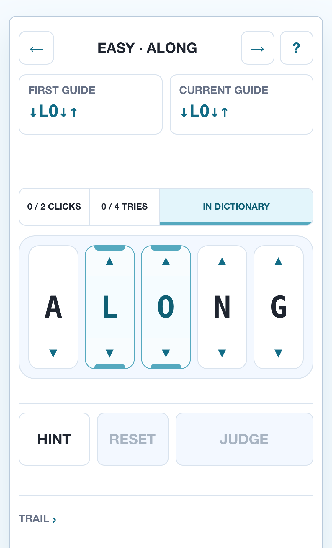Game screen with five letter dials