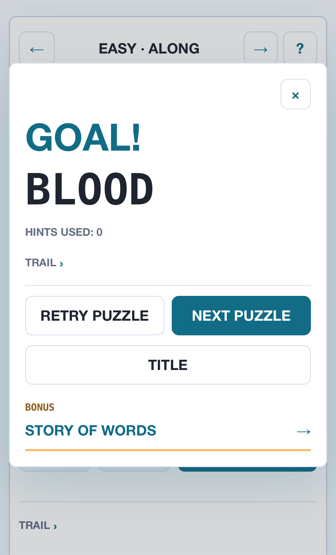 Goal overlay with Story of Words button