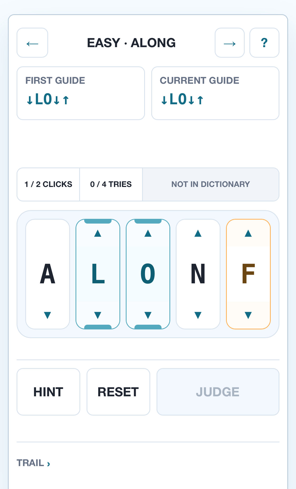 Game screen showing a word not in the dictionary