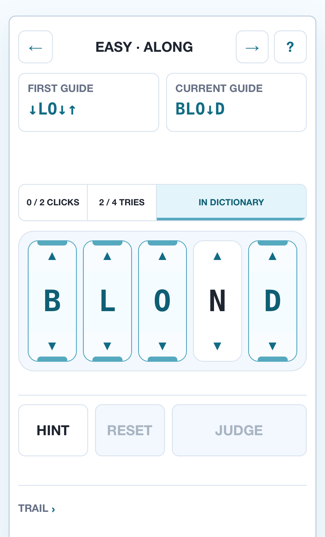 Game screen with a word in the dictionary